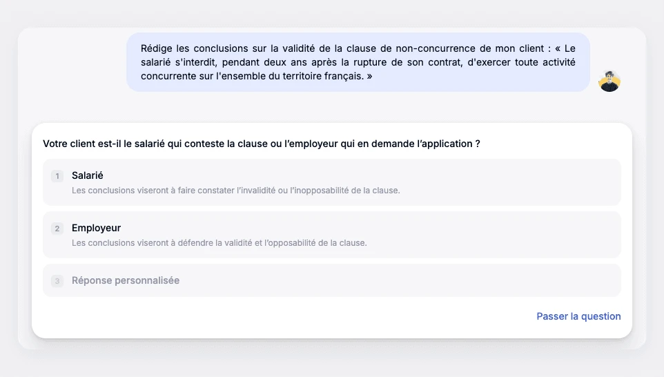 Avant de rédiger des conclusions, l'Agent demande si le client est le salarié ou l'employeur