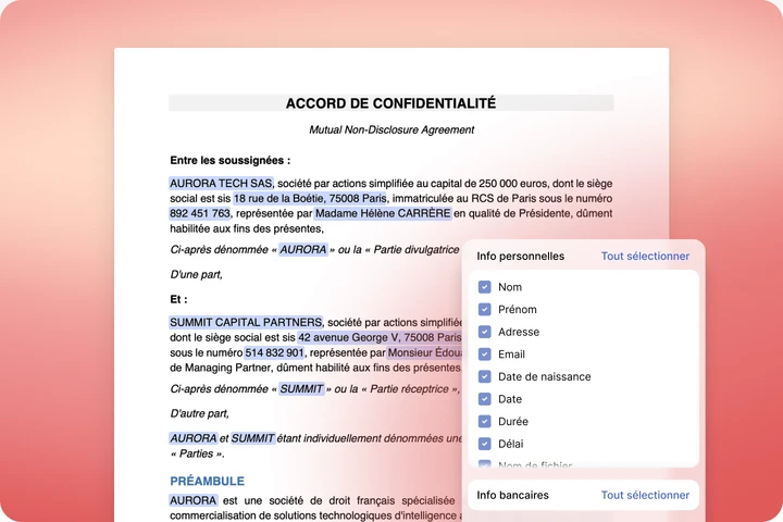 Options d'anonymisation : informations personnelles et bancaires masquées dans un document