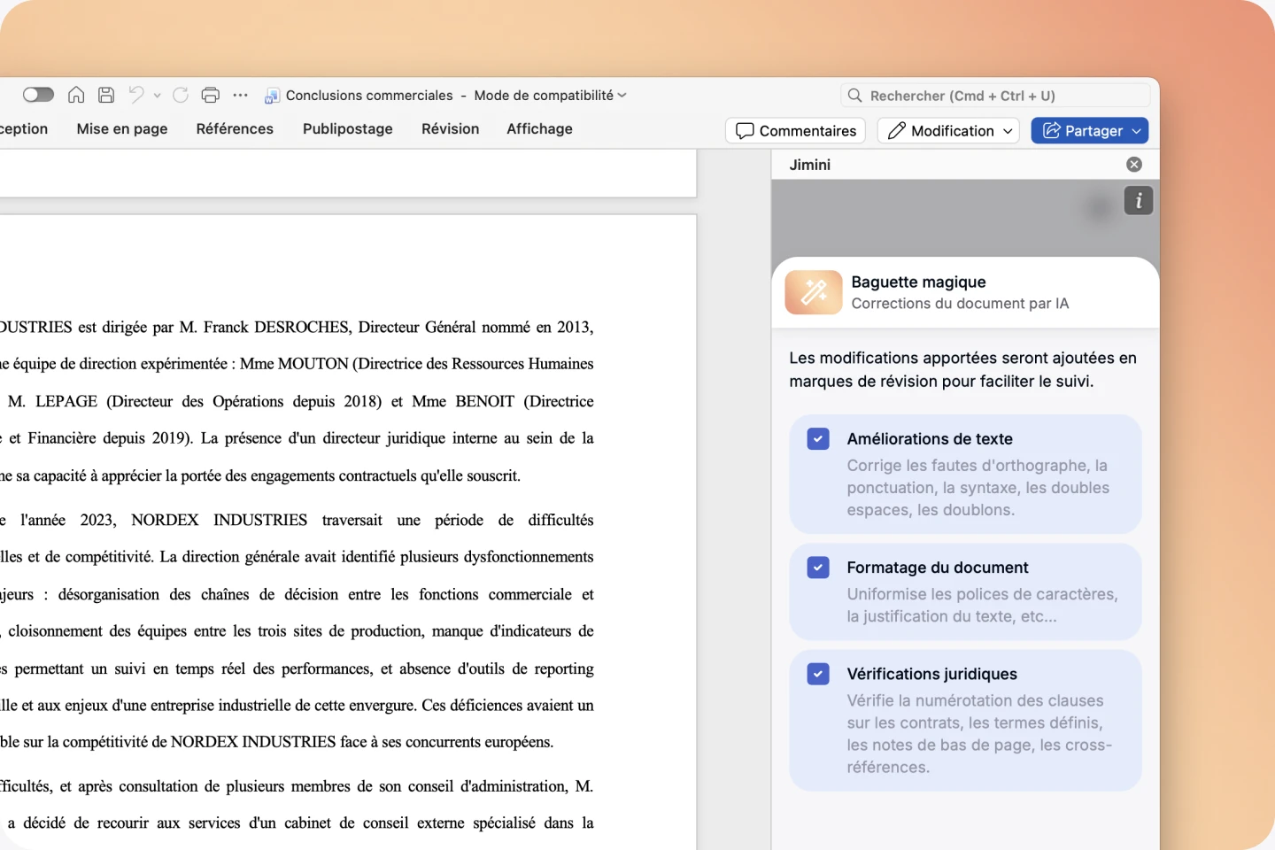Panneau Baguette magique de Jimini appliquant des corrections automatiques à un document Word