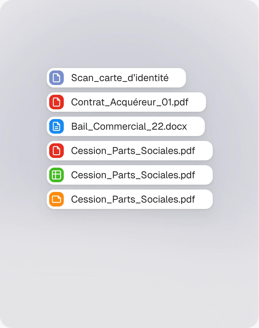 Une liste de fichiers importés aux formats PDF, Word et Excel