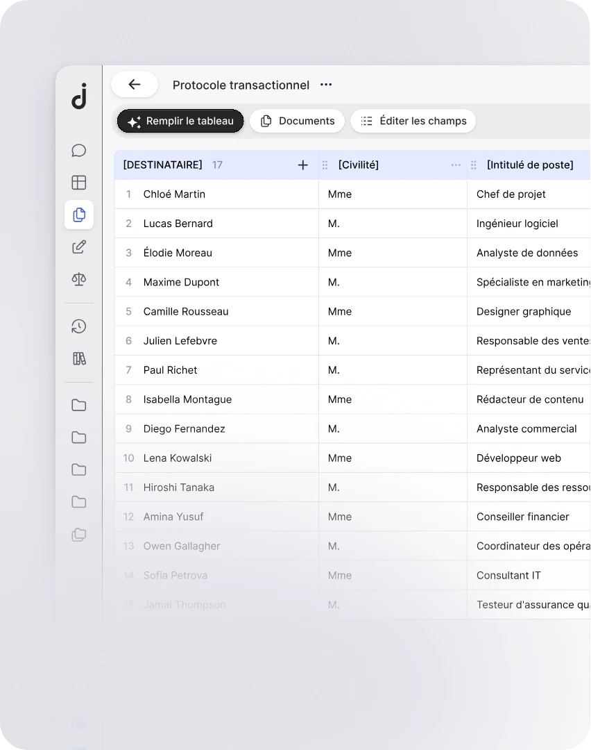 Le tableau de publipostage rempli, destinataire par destinataire