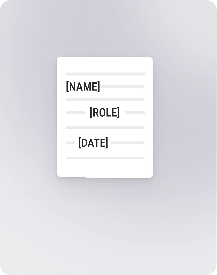 A document template with [NOM], [FONCTION] and [DATE] placeholder fields