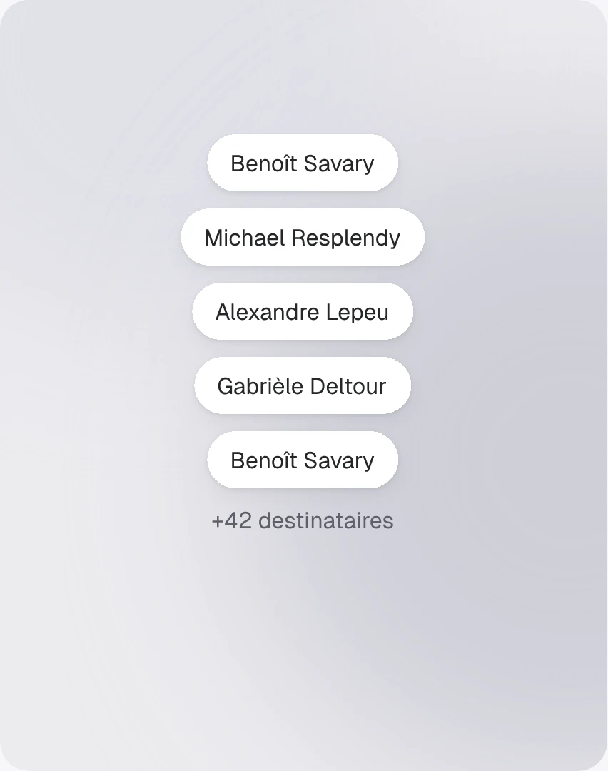 Une liste de destinataires et un compteur « +42 destinataires »