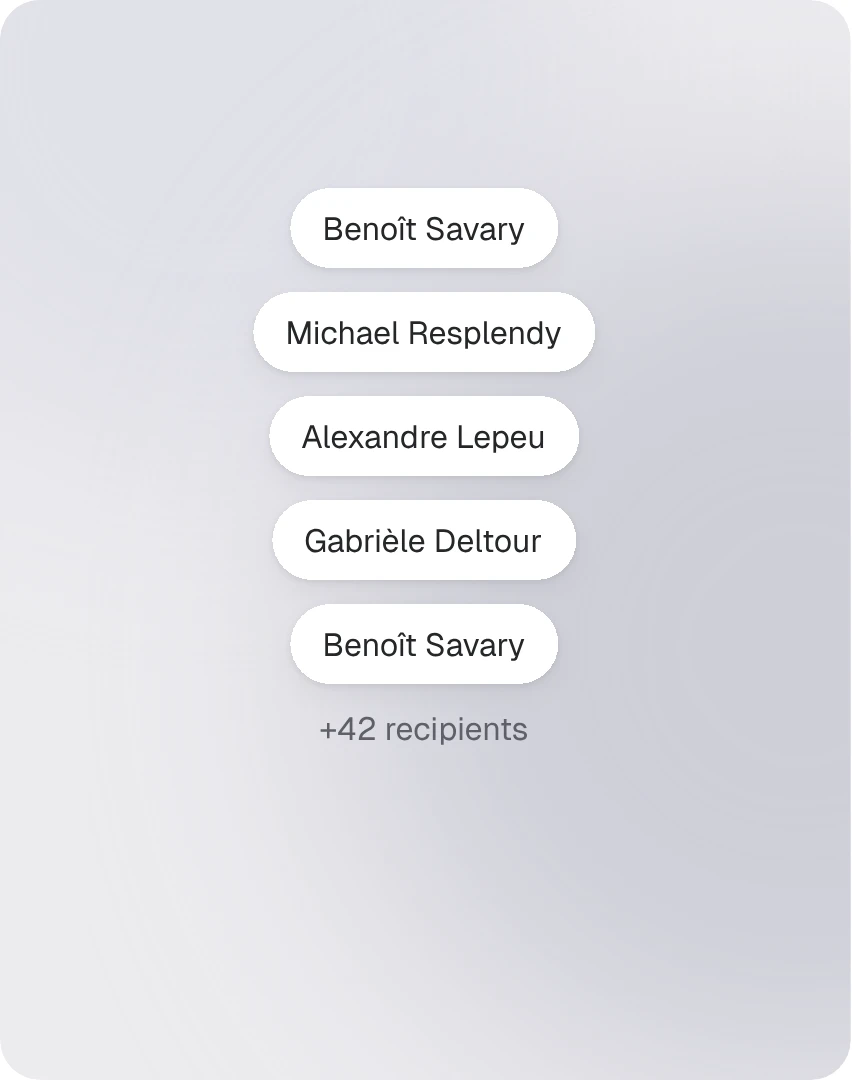 A recipient list and a "+42 recipients" counter