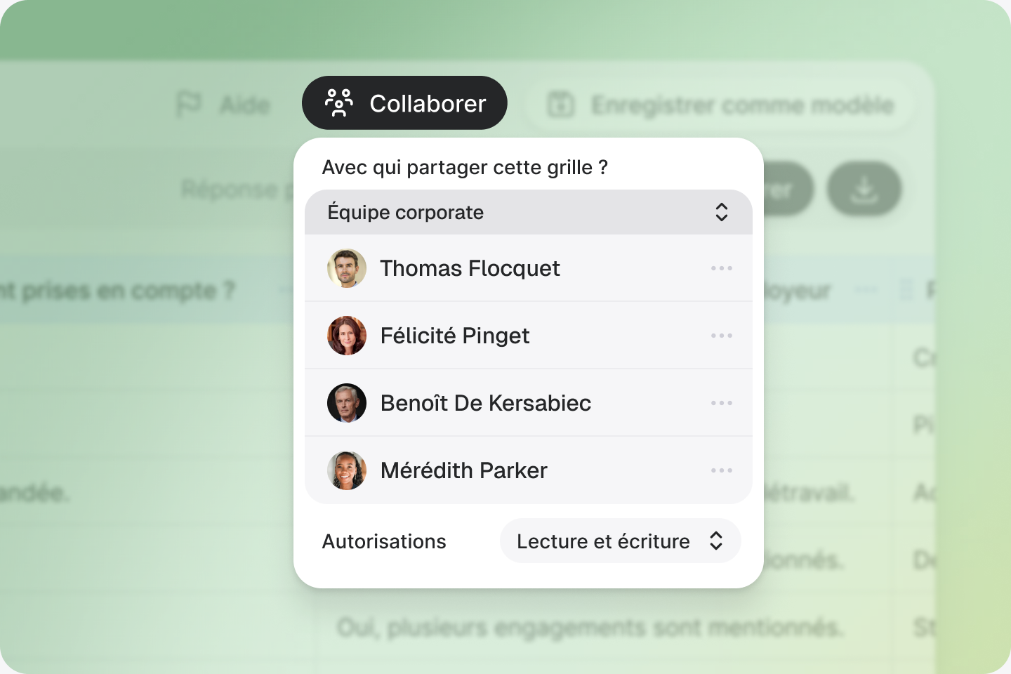 Fenêtre de partage d'une grille Jimini : choix des collaborateurs et de leurs autorisations
