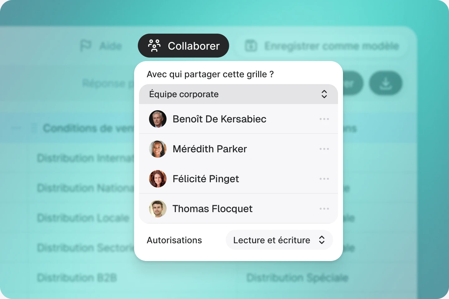 Fenêtre de partage Jimini invitant les membres d'une équipe à collaborer sur un dossier