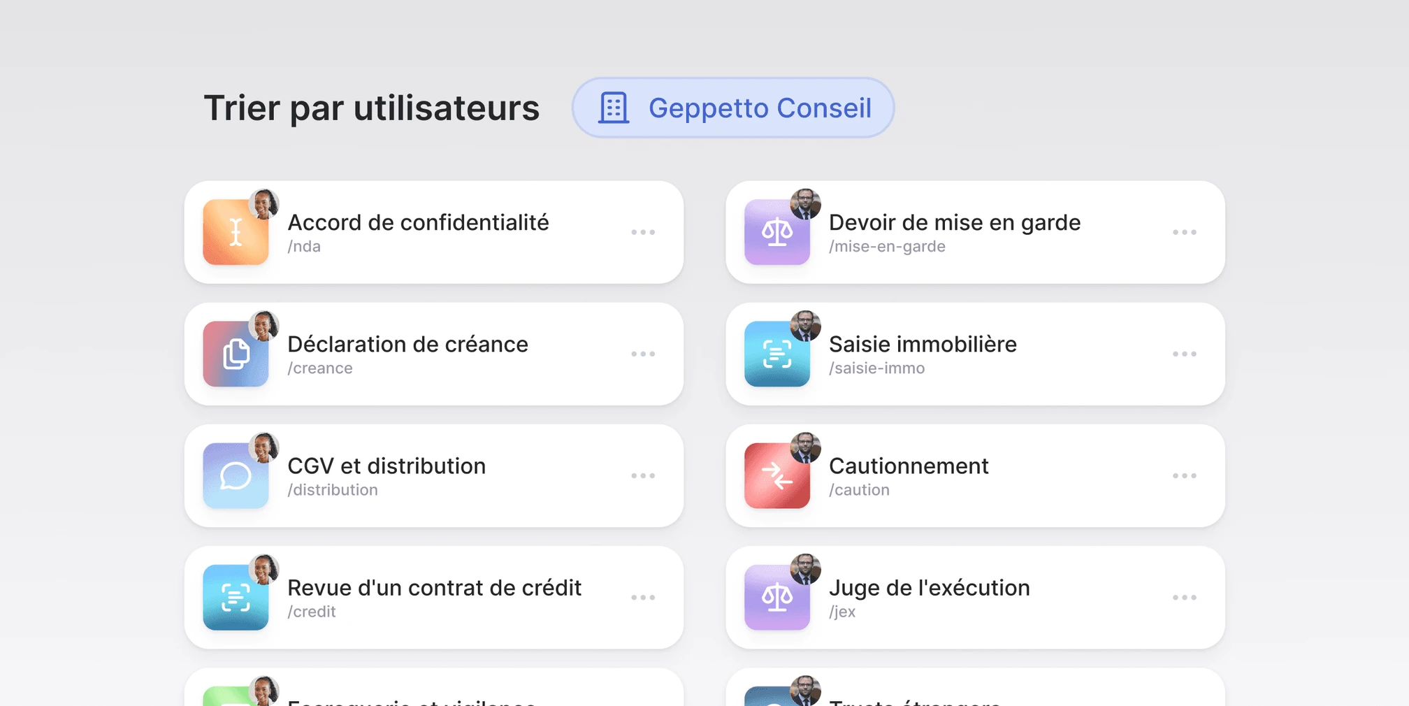 L’onglet Découvrir : les compétences partagées au sein du cabinet, rangées par auteur