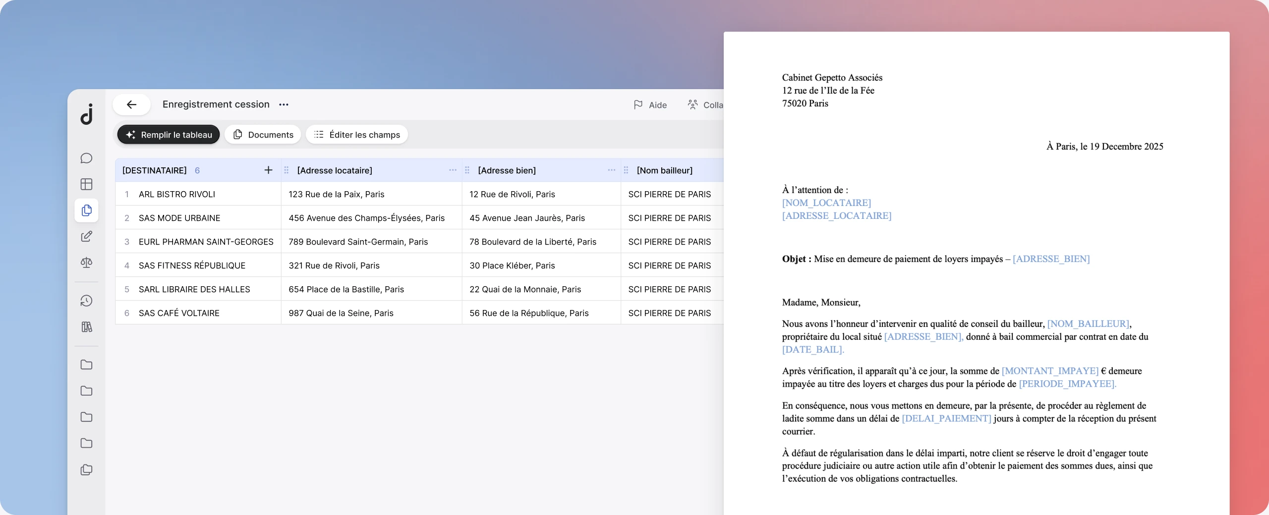 Jimini génère des documents individualisés à partir d’un tableau de destinataires