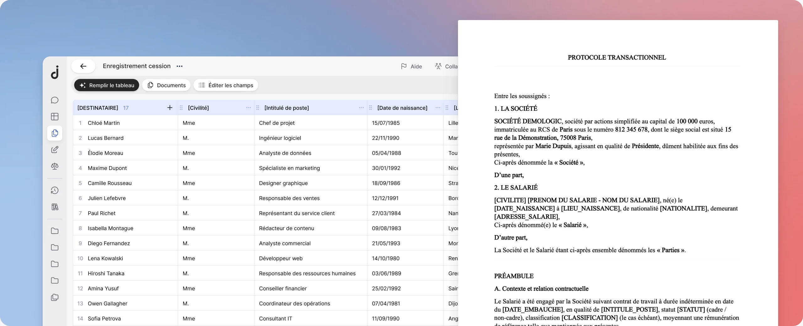 Jimini génère des documents individualisés à partir d’un tableau de destinataires