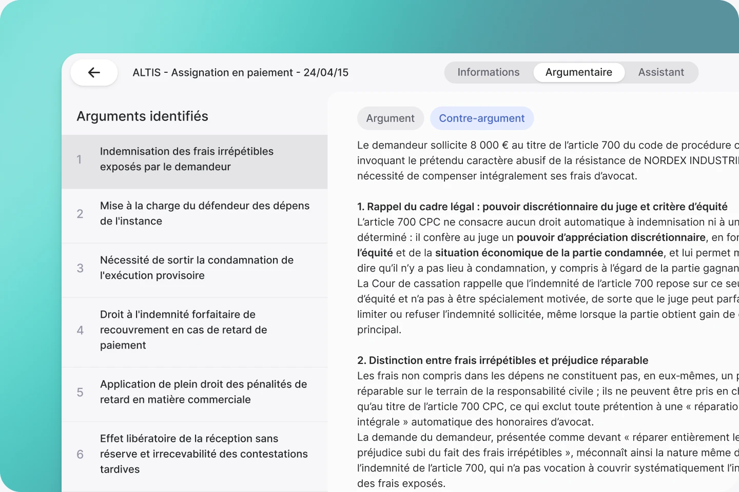 Argumentaire d'une assignation en paiement dans Jimini, avec les arguments identifiés et le contre-argument détaillé