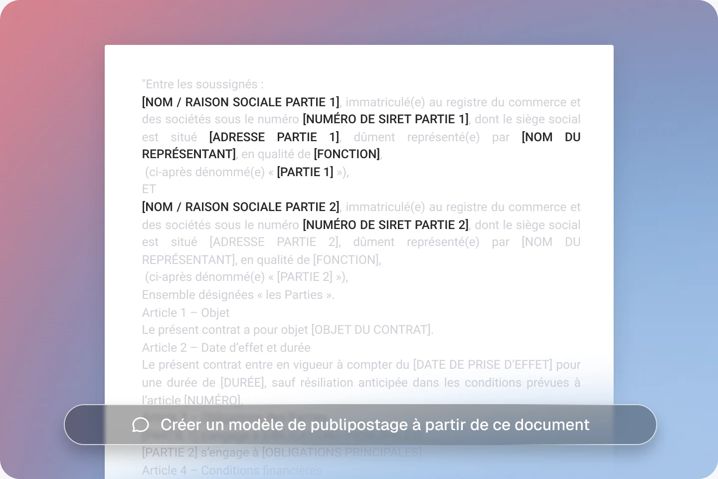 Aperçu d’un contrat avec l’action « Créer un modèle de publipostage à partir de ce document »