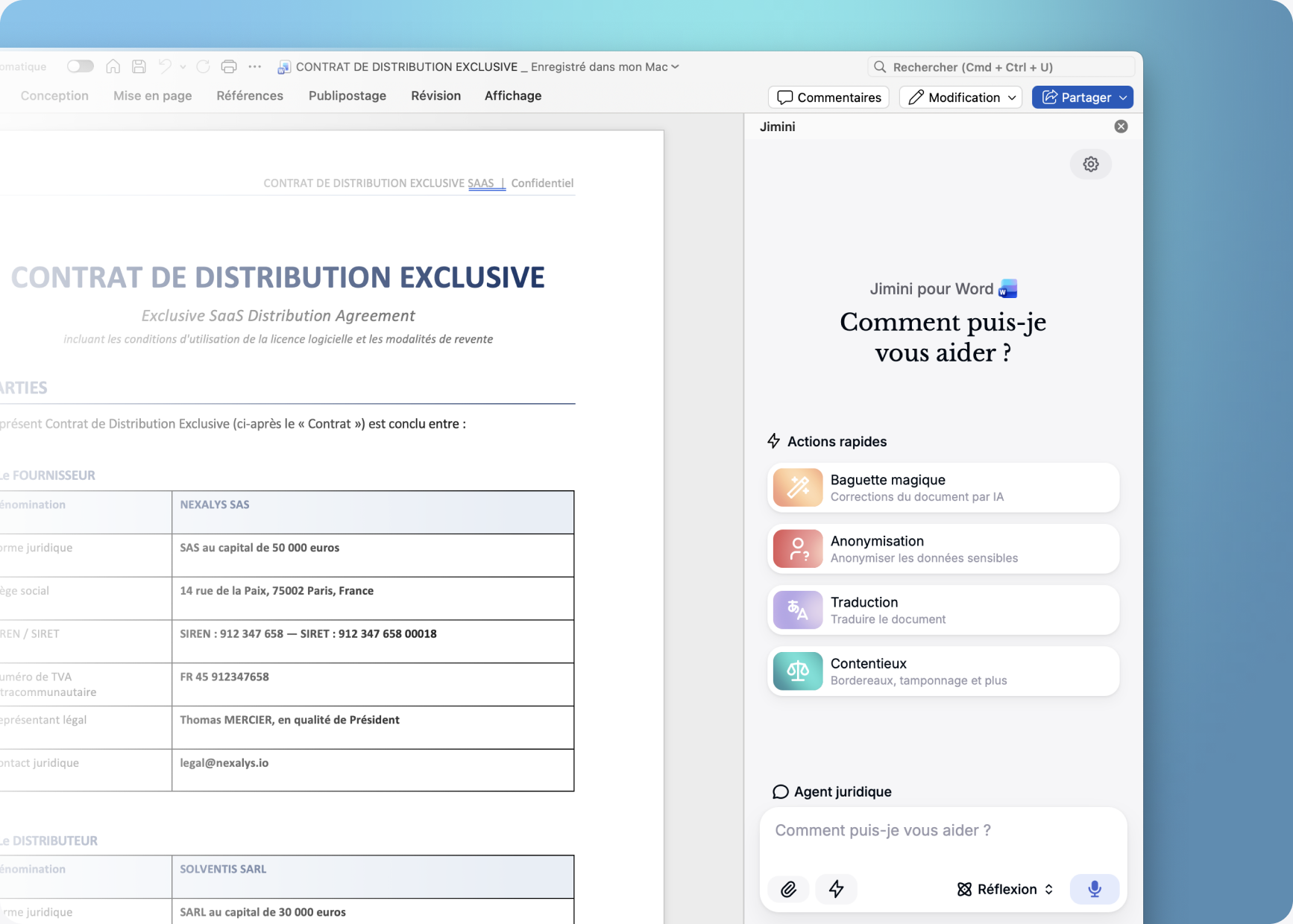 Aperçu du panneau Jimini ouvert dans Microsoft Word sur un contrat de distribution