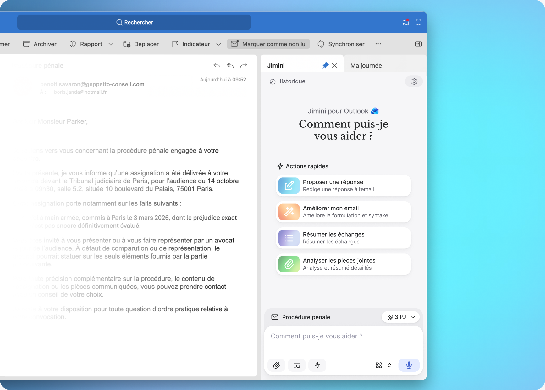 Aperçu de l'extension Jimini dans Outlook, avec les actions rapides sur un email