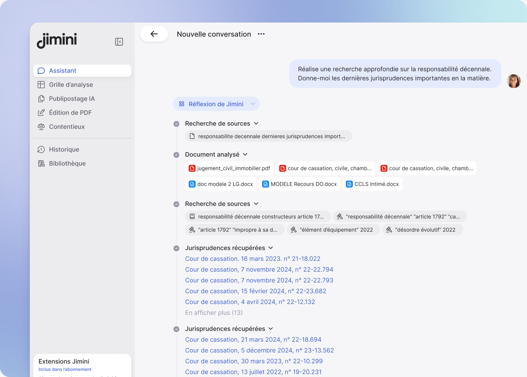 Interface de l'agent juridique Jimini menant une recherche sur la responsabilité décennale