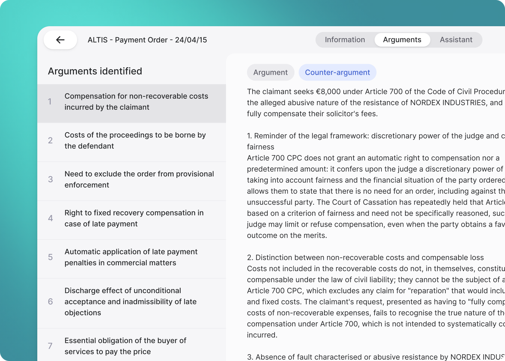 Jimini interface showing the arguments and counter-arguments identified in a litigation file