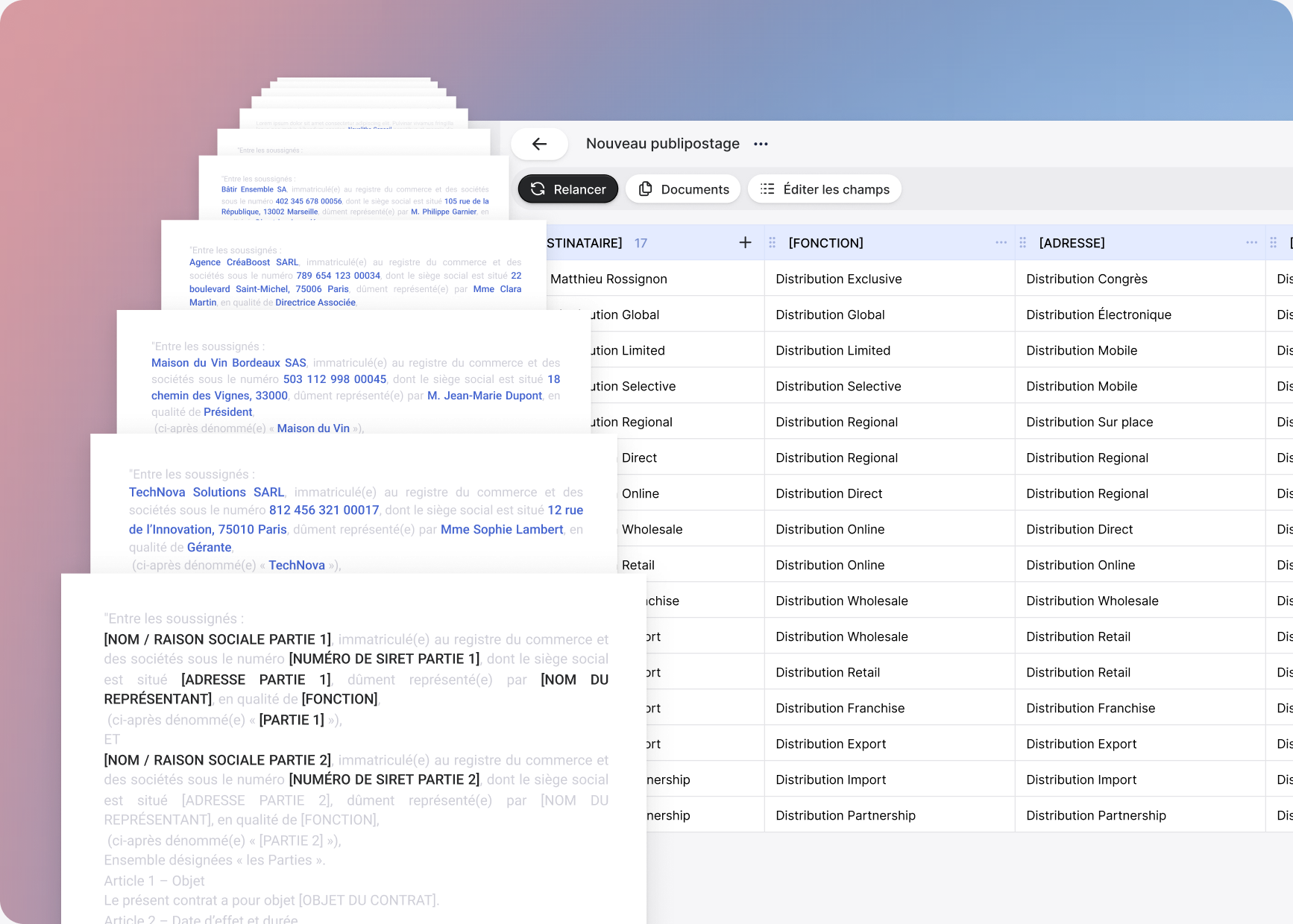 Interface Jimini de publipostage : un tableau de destinataires et des contrats individualisés générés automatiquement