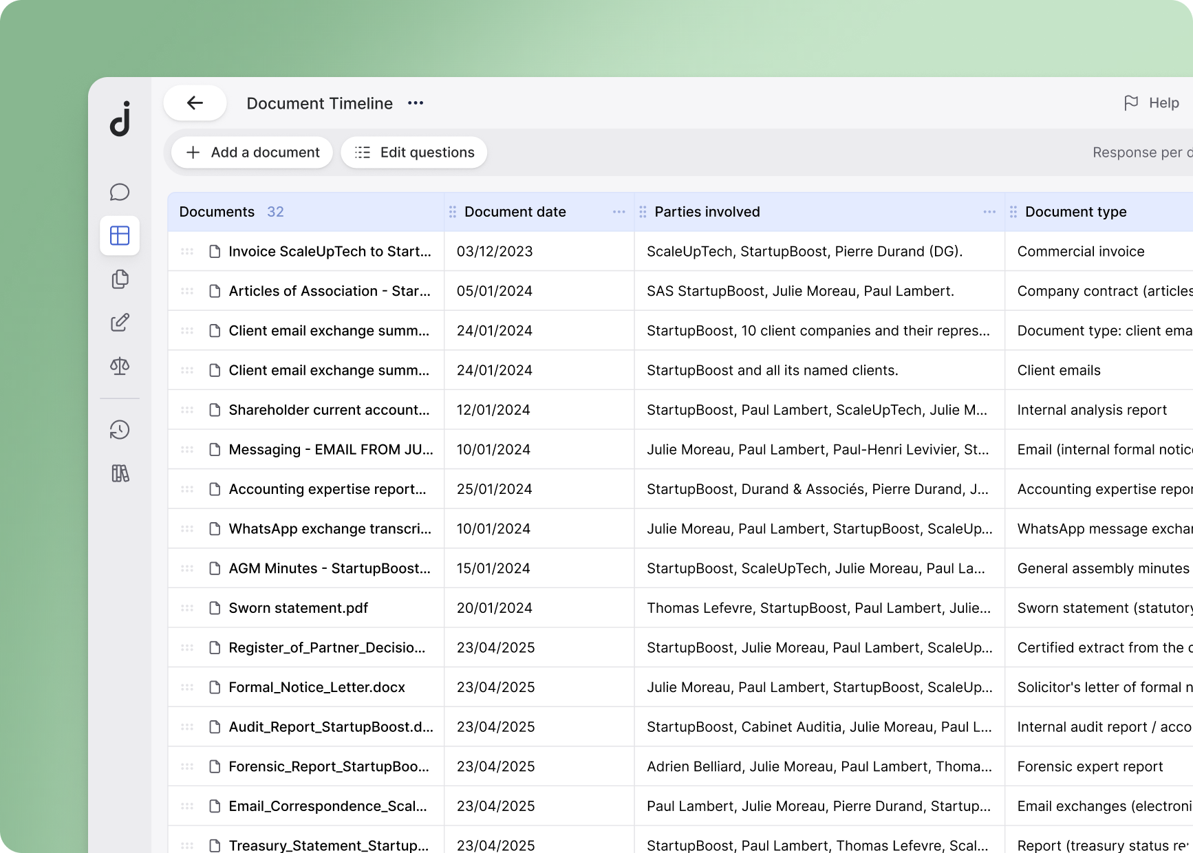 Jimini interface showing an analysis grid of legal documents