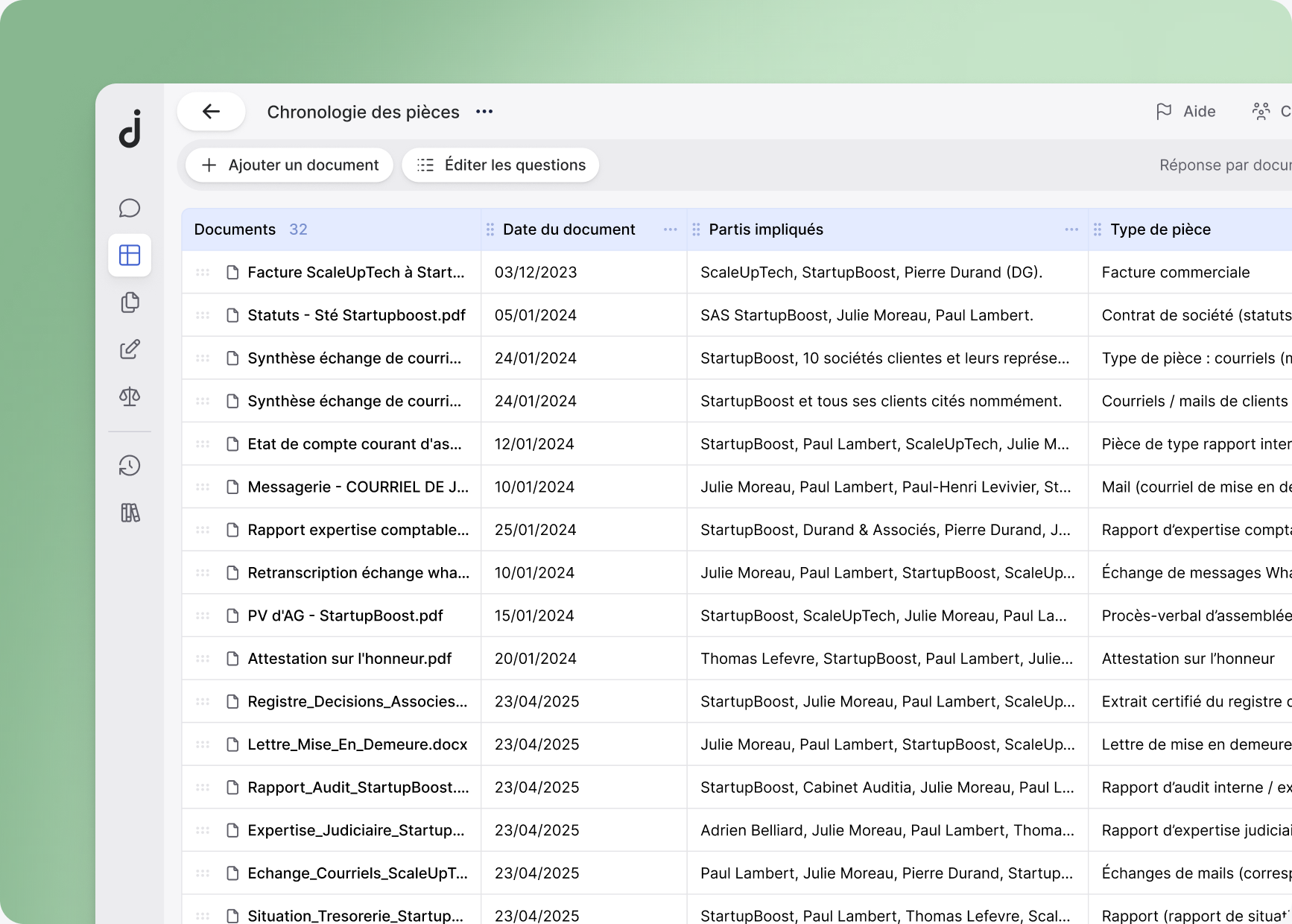 Interface Jimini affichant une grille d'analyse de documents juridiques