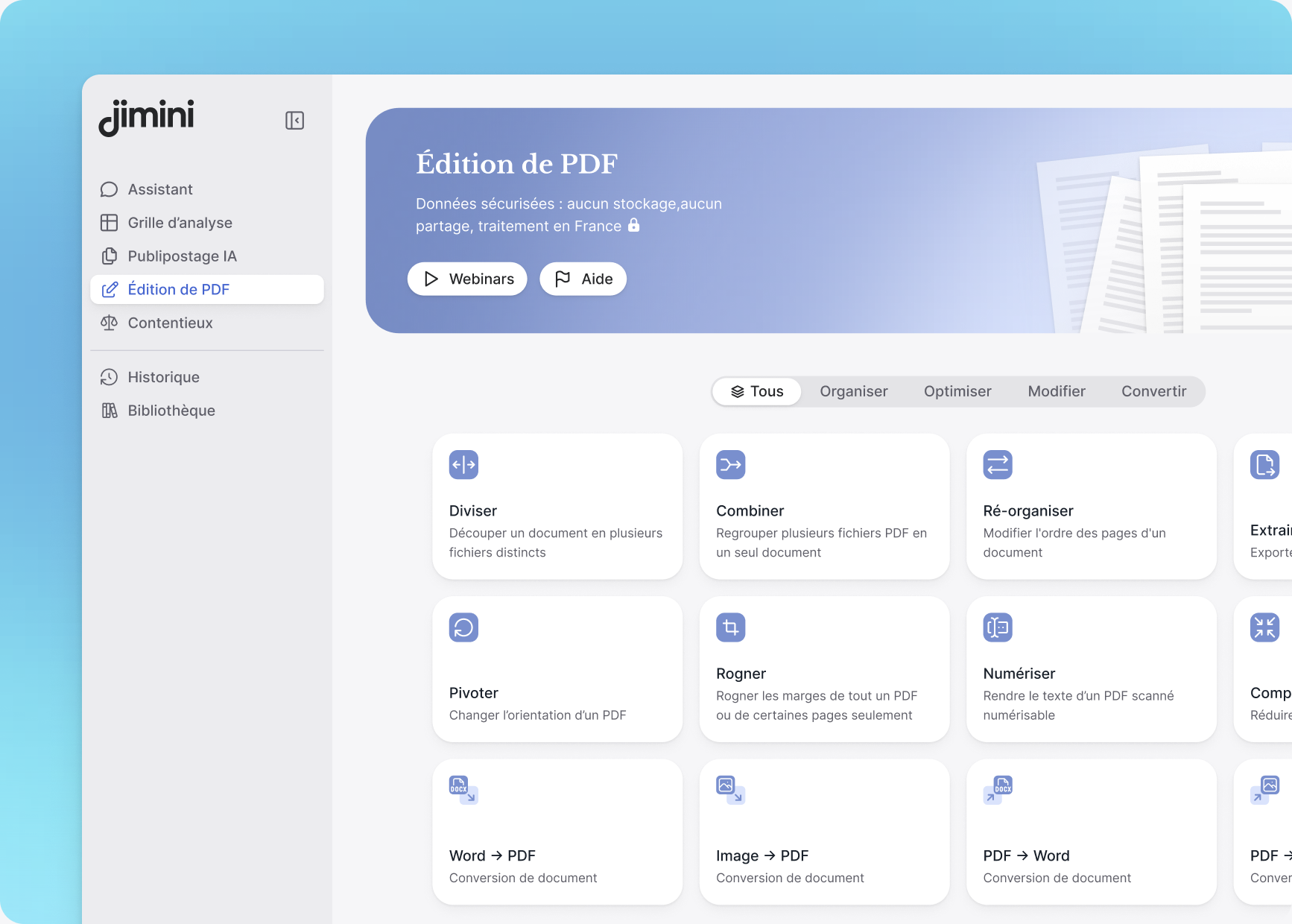Aperçu de l'interface d'édition de PDF de Jimini