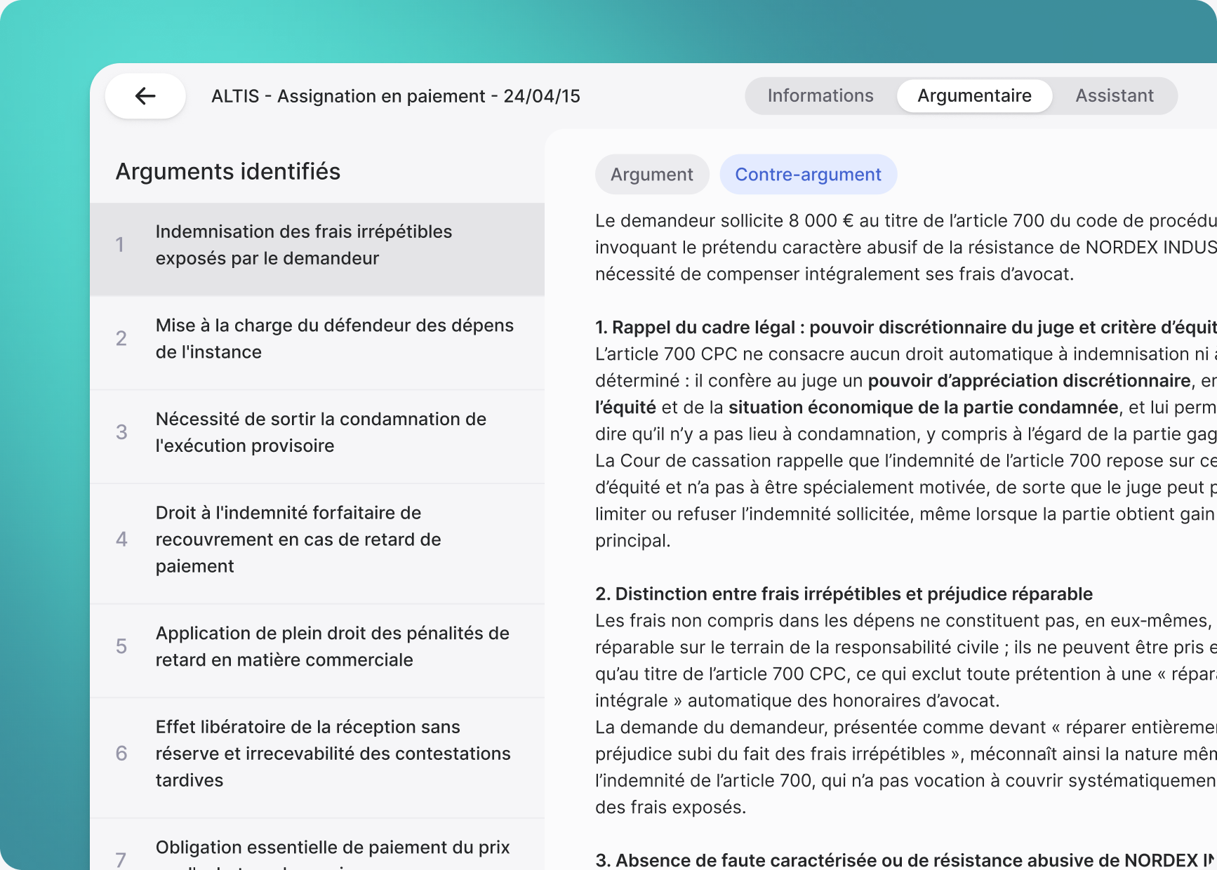 Interface Jimini affichant les arguments et contre-arguments identifiés d'un dossier contentieux