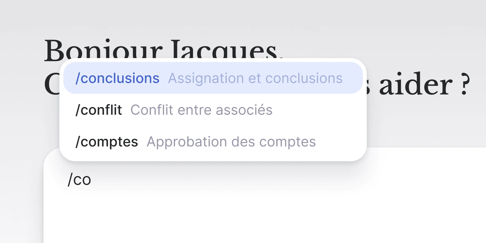 Le menu des compétences, ouvert en tapant « / » dans la barre de saisie