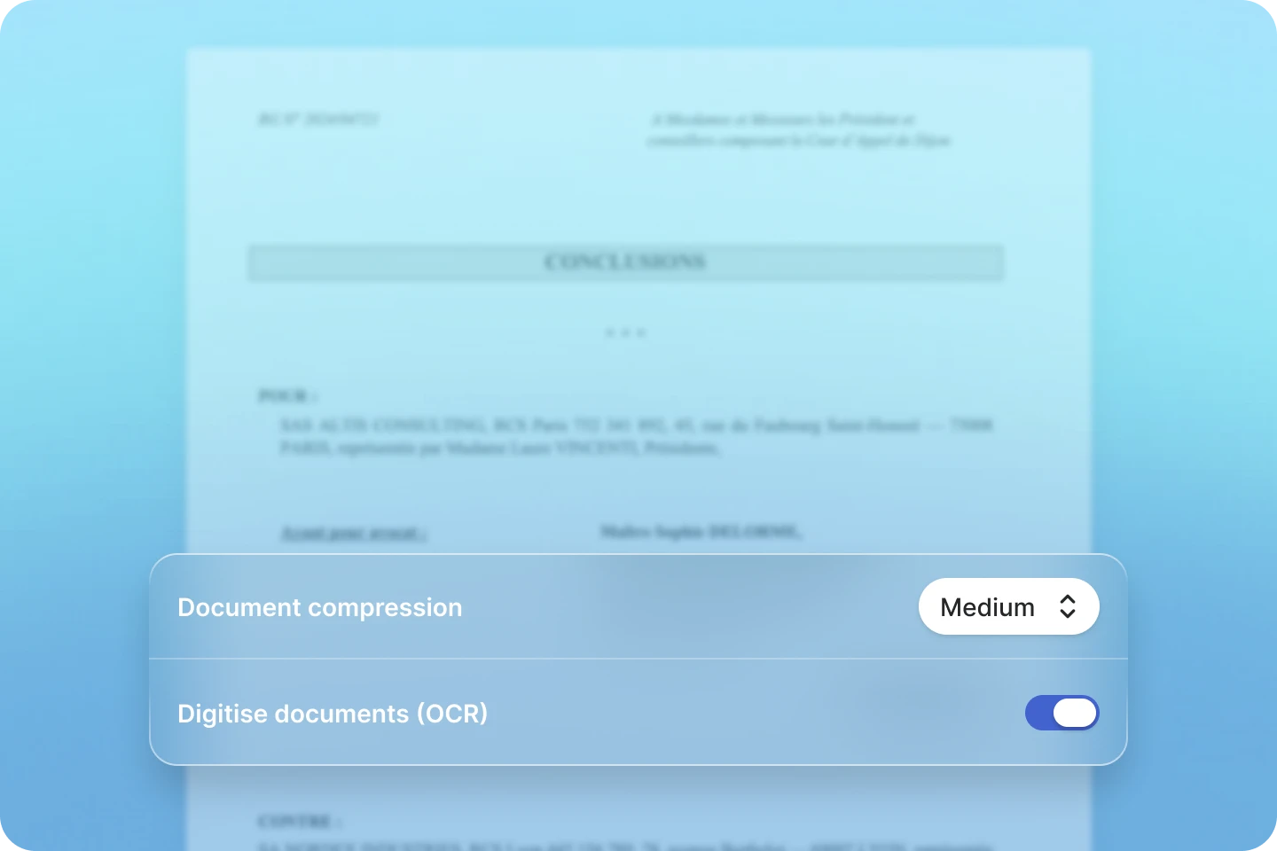 Preview of a legal document being optimised: document compression and OCR scanning