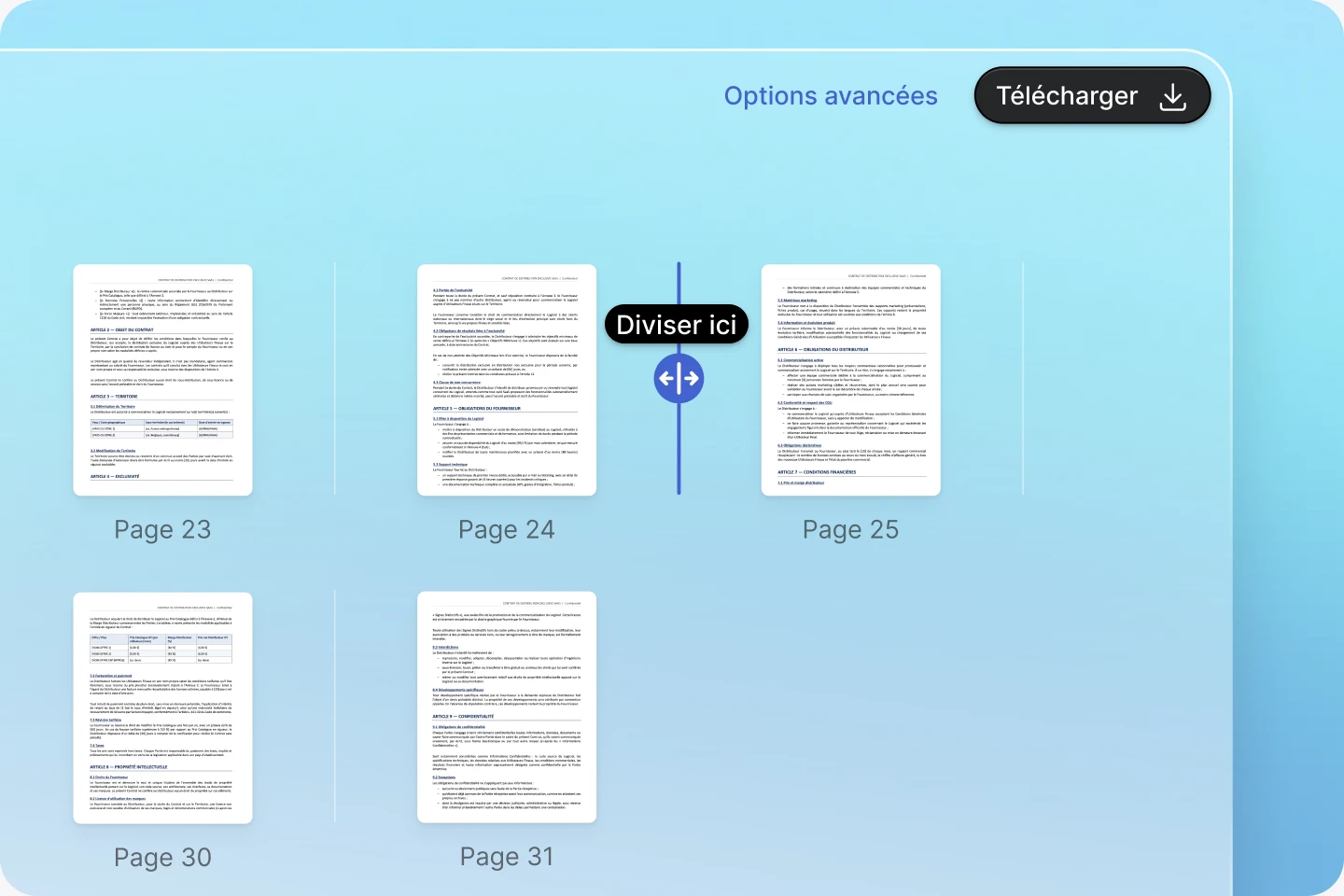 Aperçu de l'outil de division de PDF : pages du document avec le repère « Diviser ici »