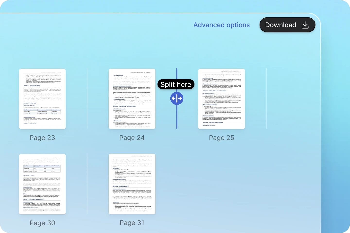 Preview of the PDF splitting tool: document pages with the "Split here" marker