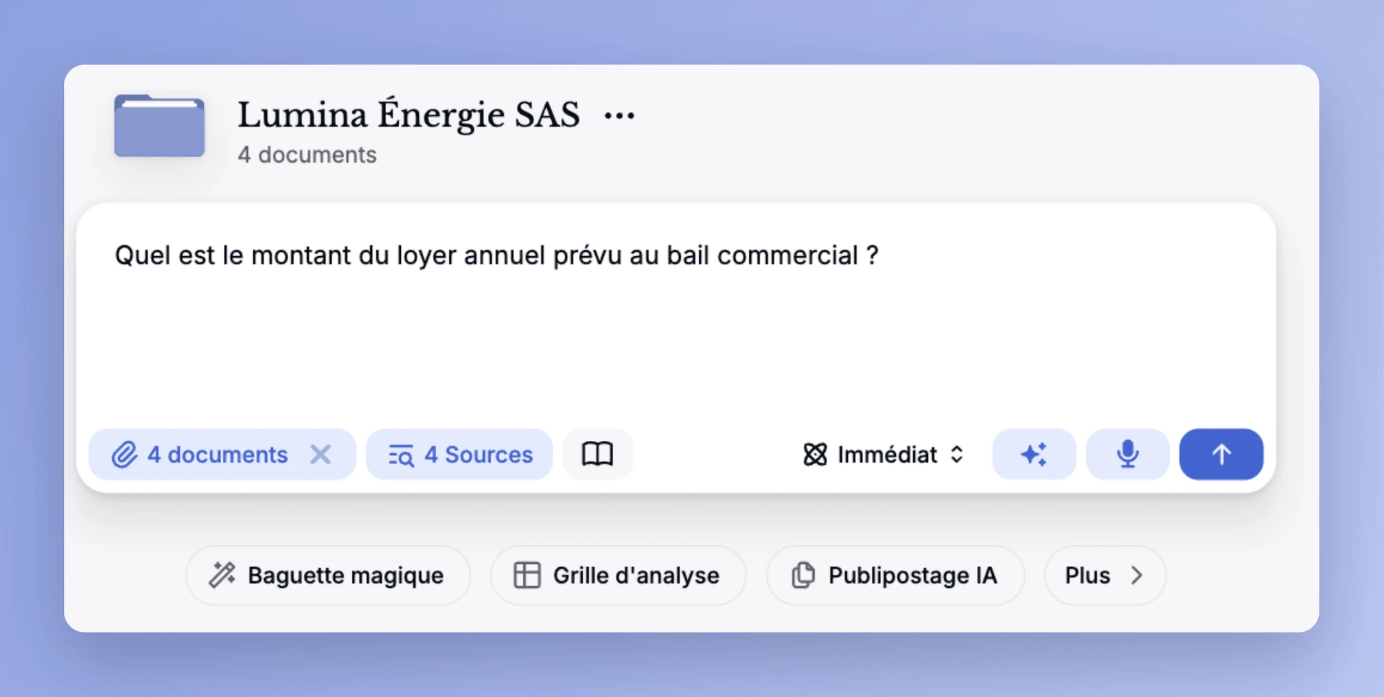 La page du dossier Lumina Énergie SAS : la question est posée, les quatre pièces du dossier sont déjà attachées