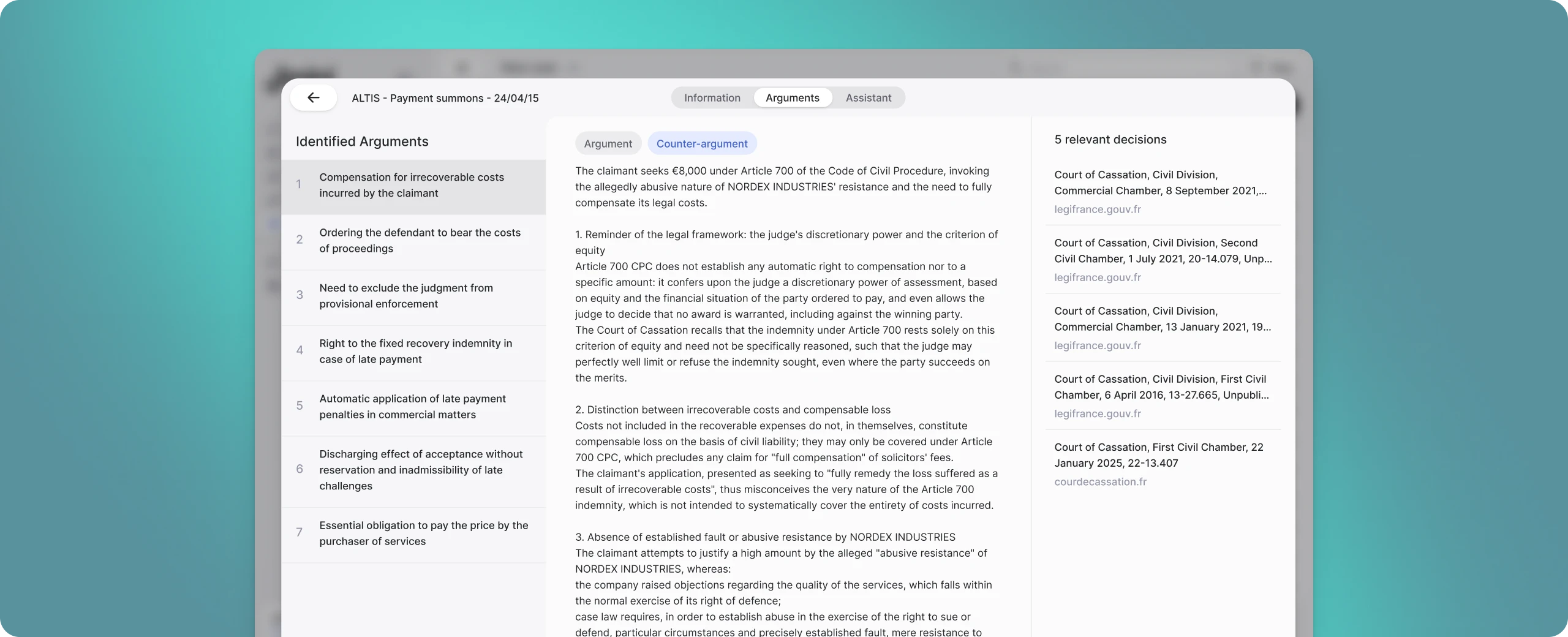 Arguments identified and relevant decisions for a case exhibit