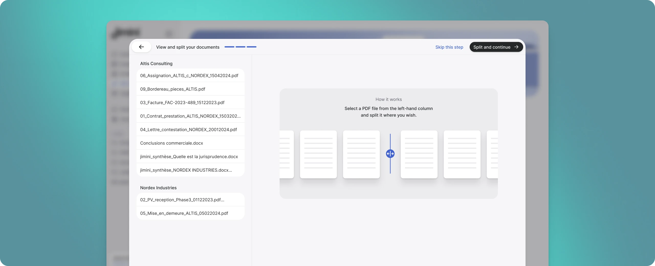 Splitting tool: view and divide the documents in a case file
