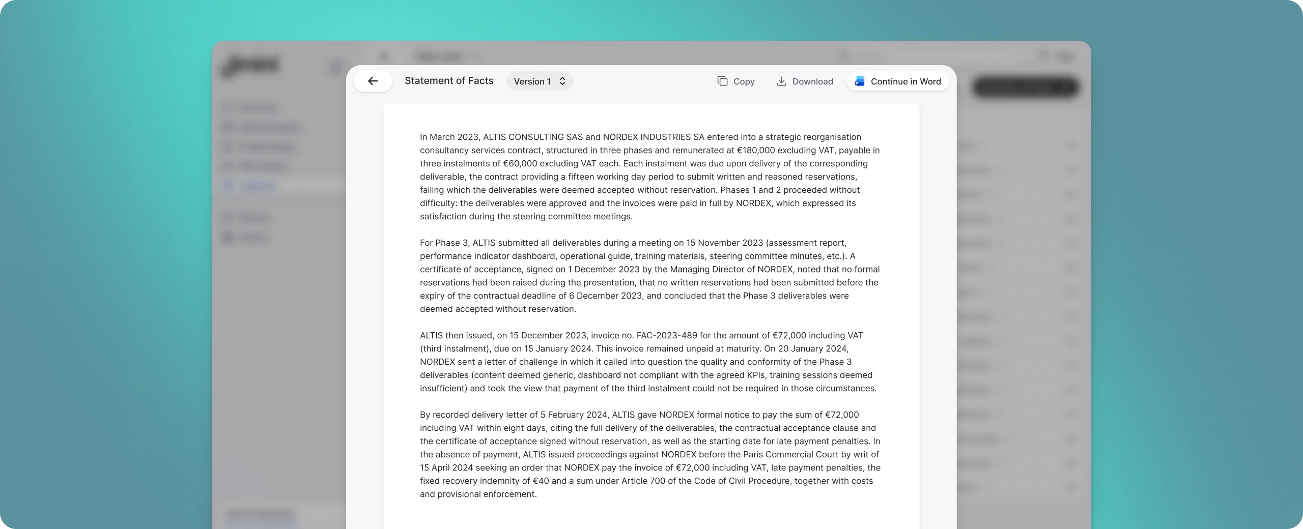 Statement of facts generated from the case exhibits