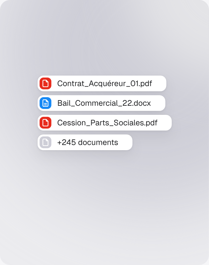 Des fichiers PDF et Word déposés dans Jimini, avec un compteur « +245 documents »
