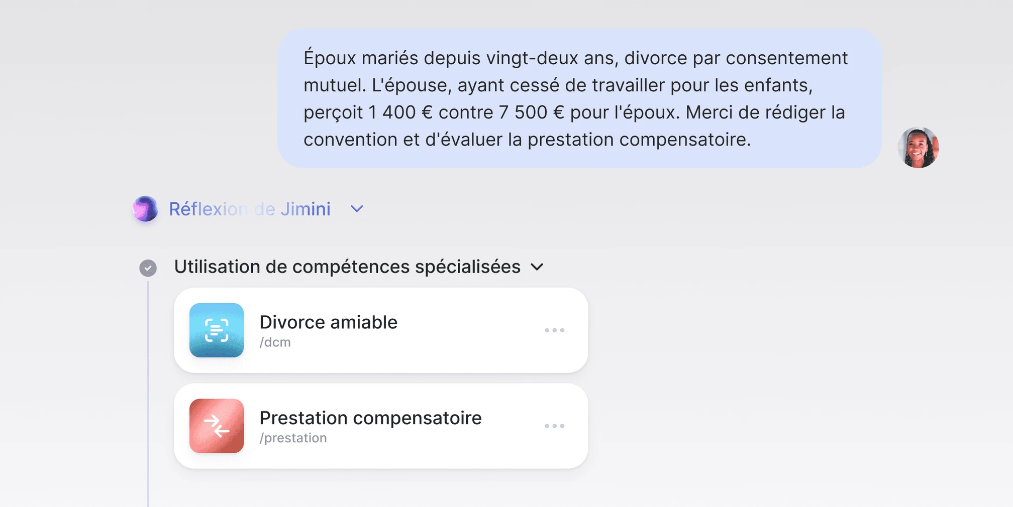 Le raisonnement de Jimini : il reconnaît la compétence qui correspond à la demande et la charge avant de rédiger