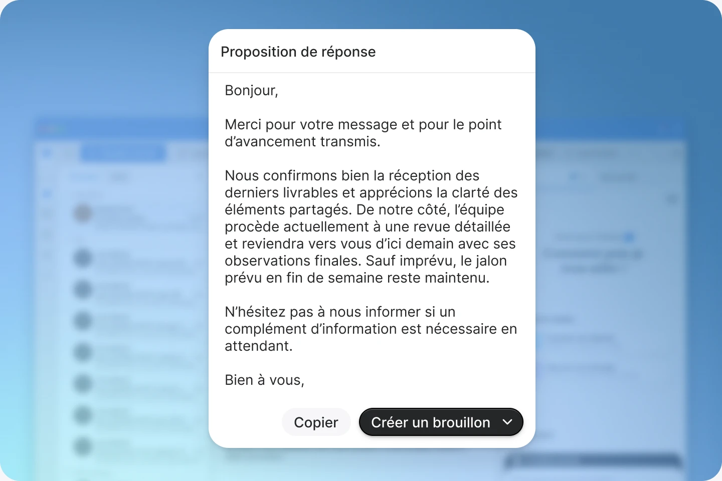 Proposition de réponse rédigée par Jimini dans Outlook