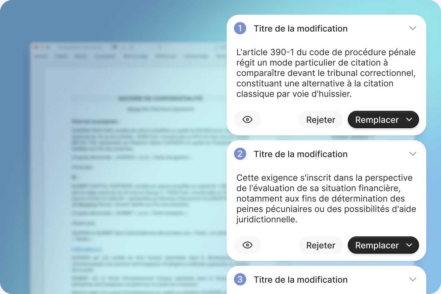 Suggestions de modifications proposées par Jimini dans un document Word, à accepter ou rejeter