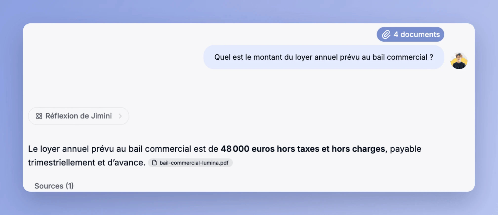 La réponse de Jimini cite la pièce exacte du dossier, bail-commercial-lumina.pdf
