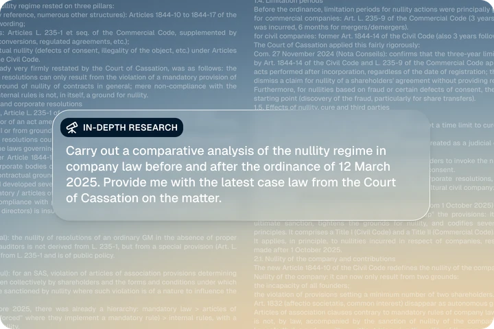 Deep research: Jimini runs a comparative search on the nullity regime in company law