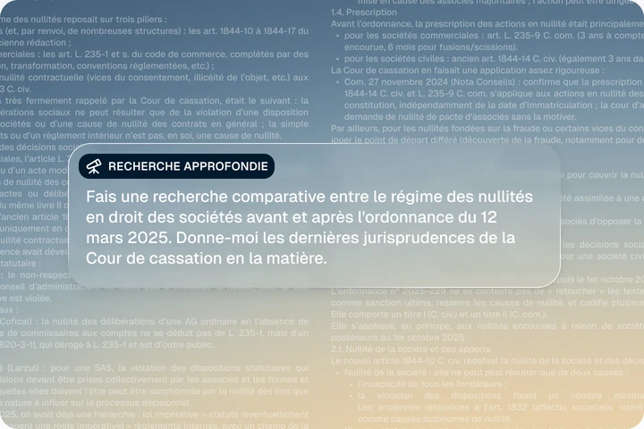 Recherche approfondie : Jimini mène une recherche comparative sur le régime des nullités en droit des sociétés