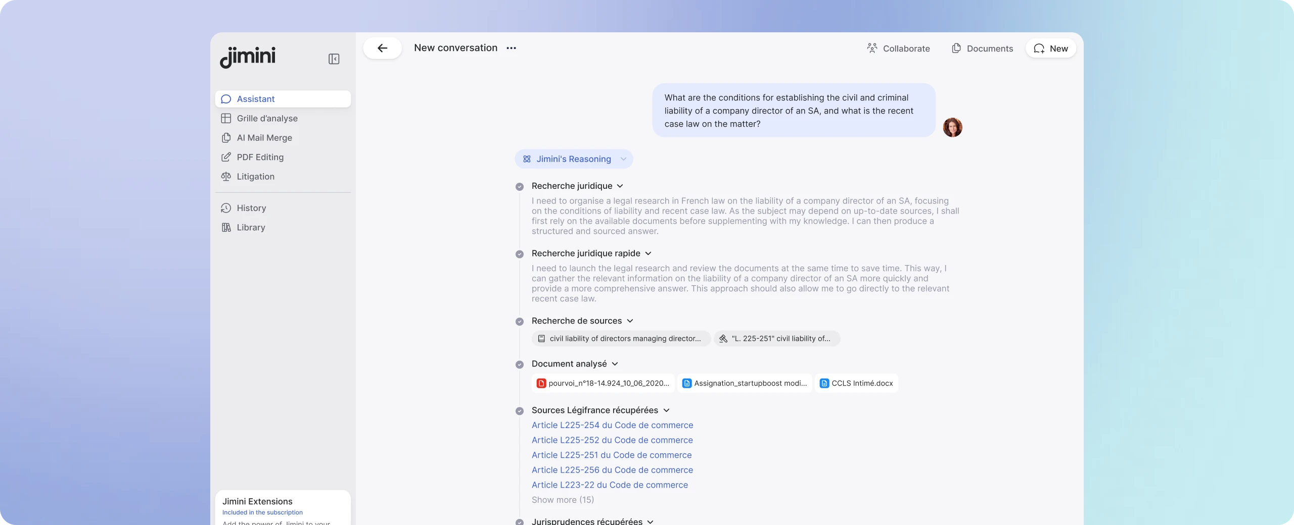 Jimini interface running legal research in the selected practice area