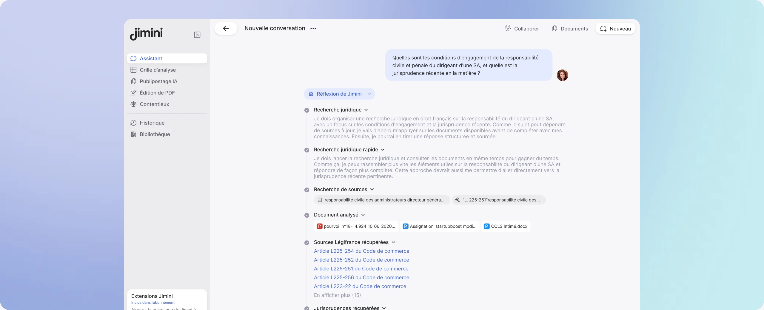 Interface Jimini pour une recherche juridique dans la spécialité sélectionnée