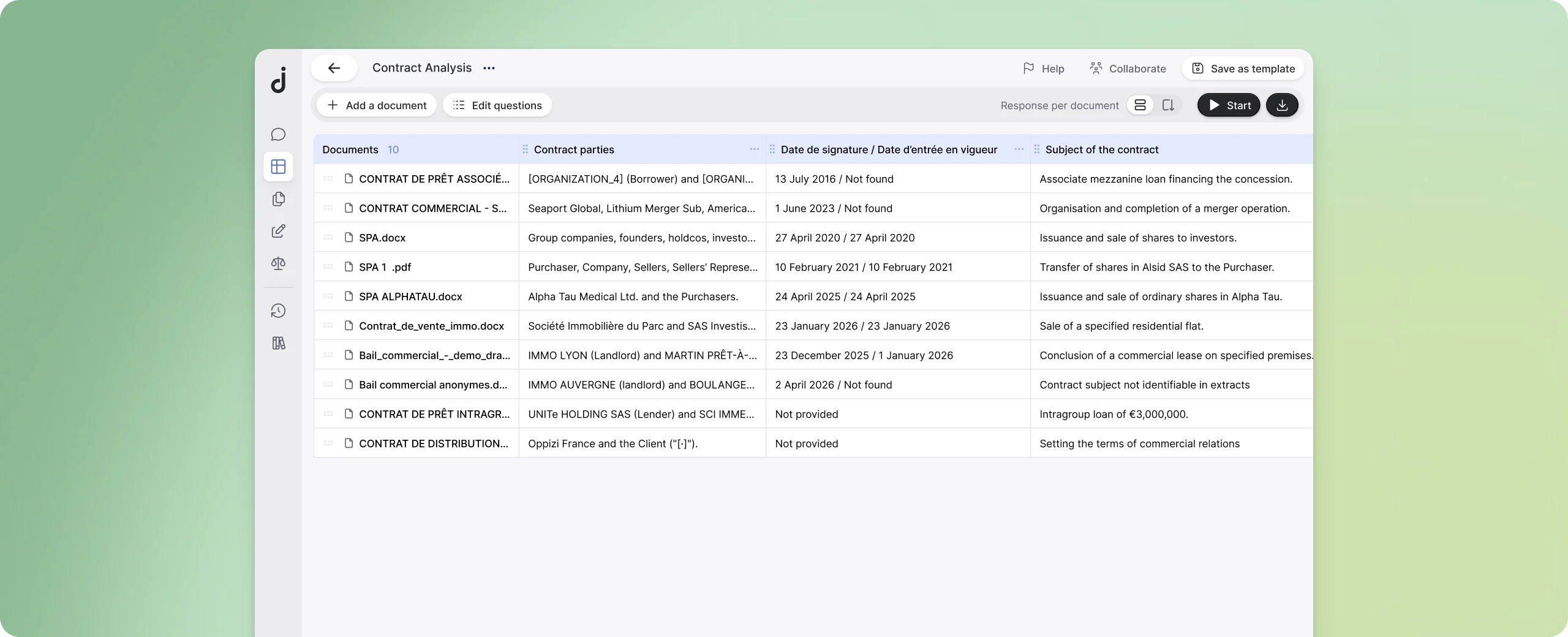 Contract analysis grid applied to a matter in the selected practice area