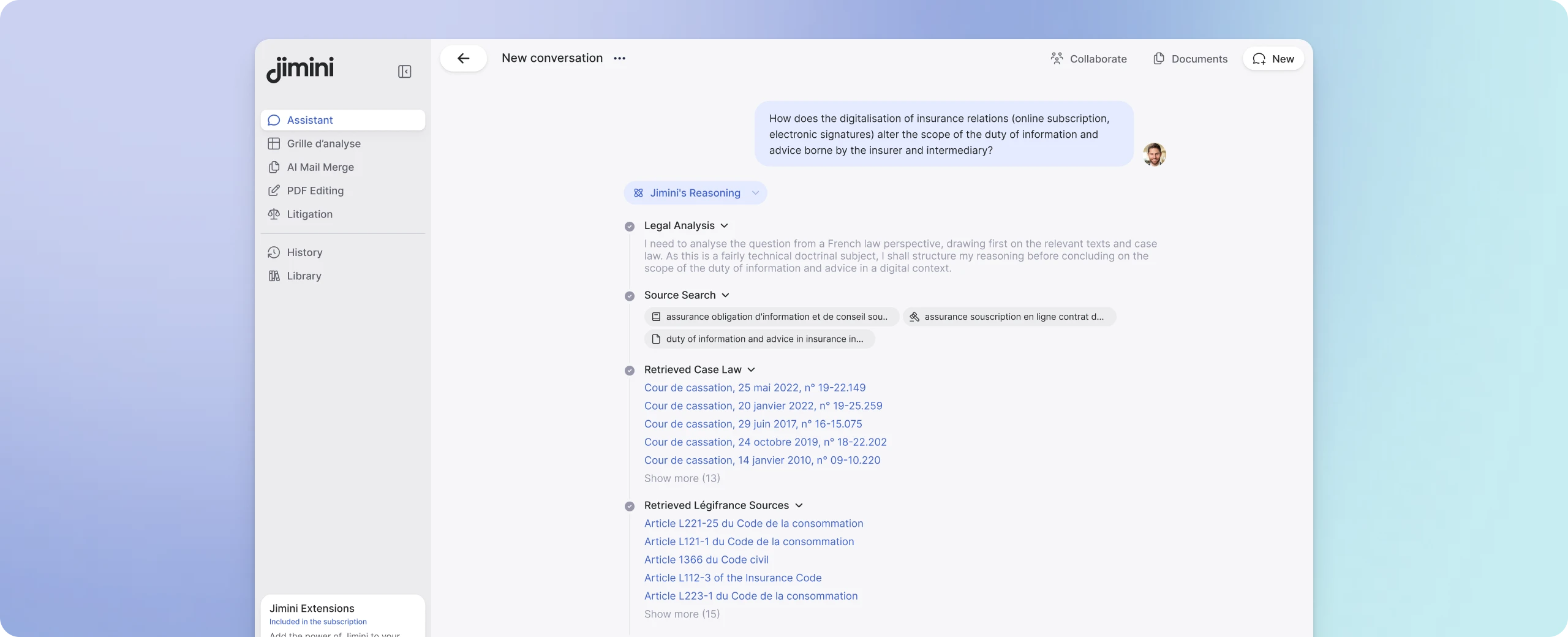 Jimini interface running legal research in the selected practice area