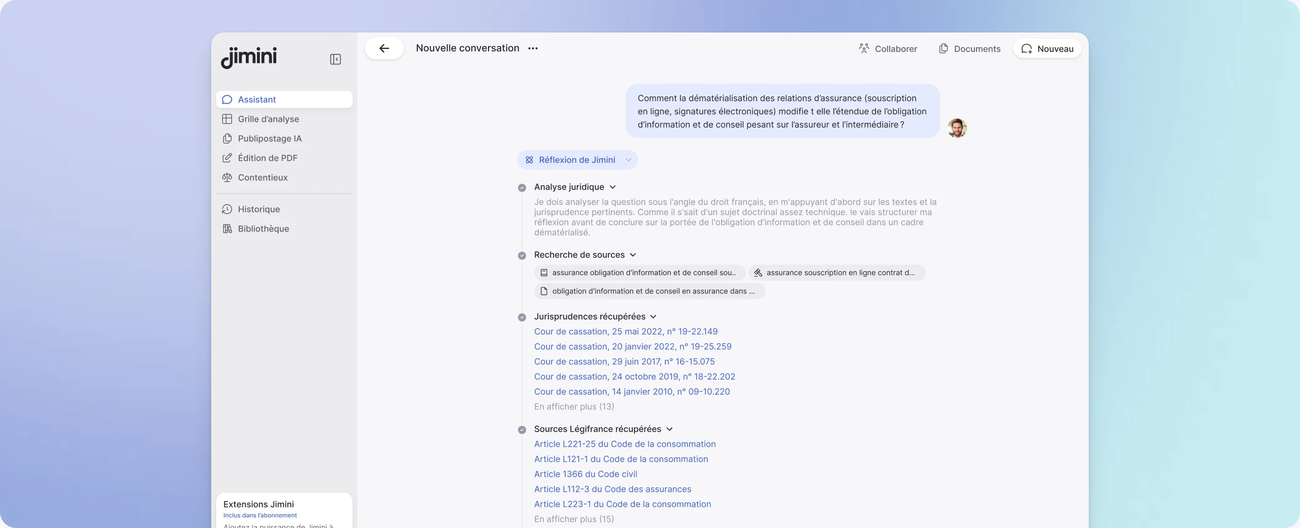 Interface Jimini pour une recherche juridique dans la spécialité sélectionnée