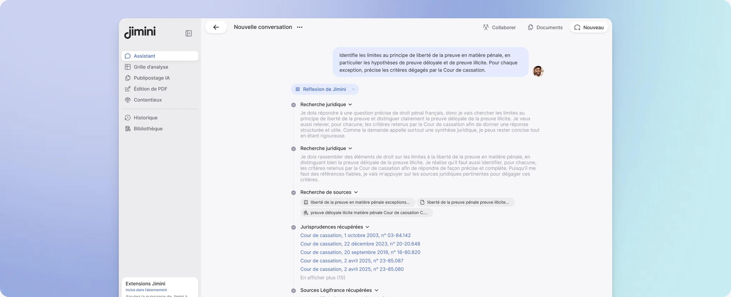 Interface Jimini pour une recherche juridique dans la spécialité sélectionnée