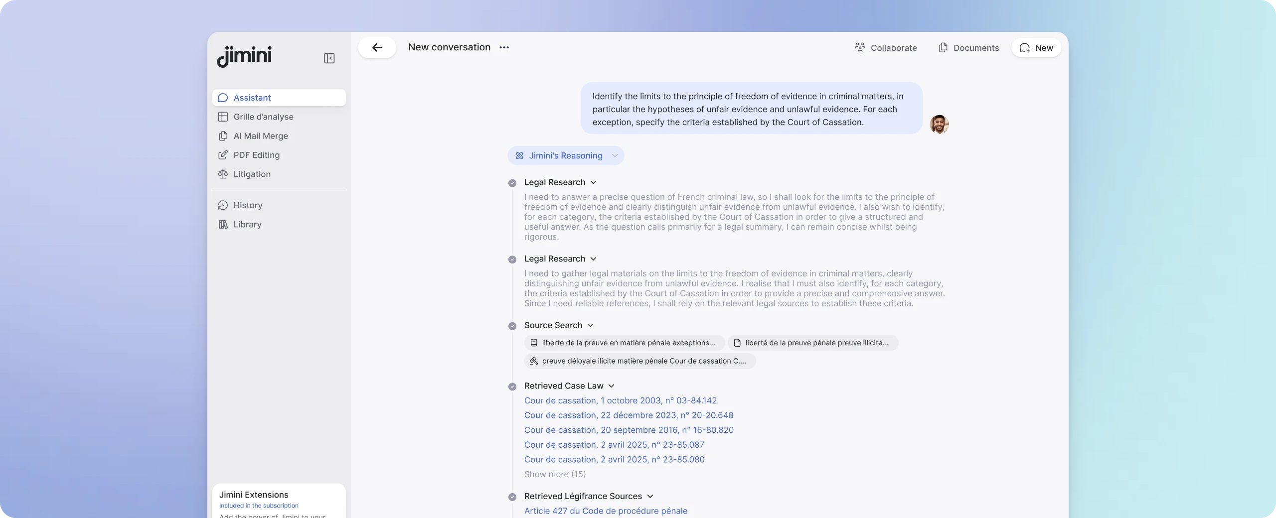 Jimini interface running legal research in the selected practice area