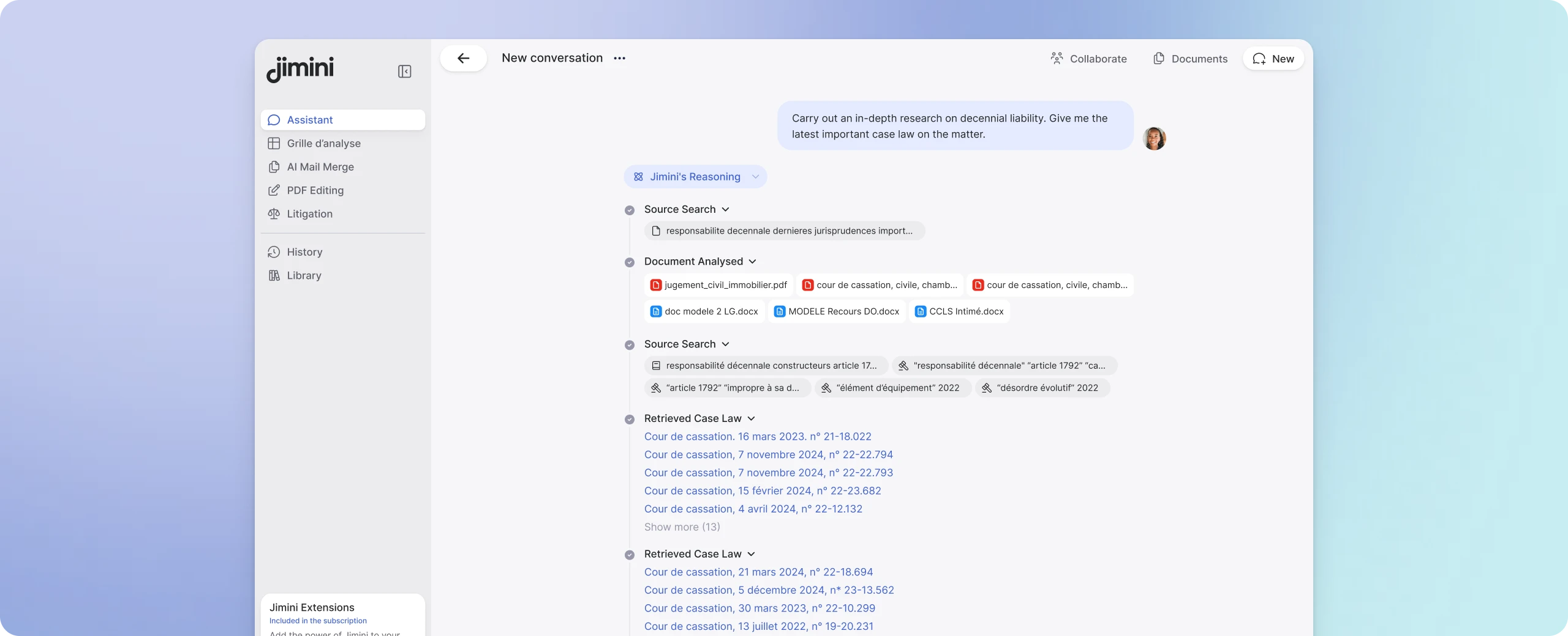 Jimini interface running legal research in the selected practice area