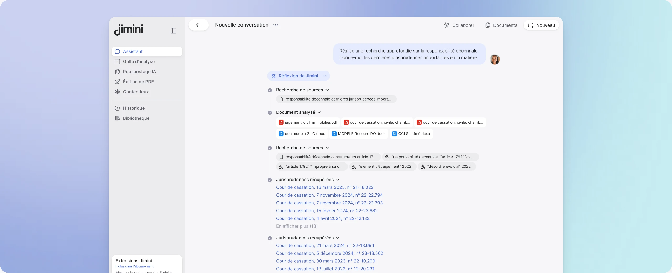Interface Jimini pour une recherche juridique dans la spécialité sélectionnée
