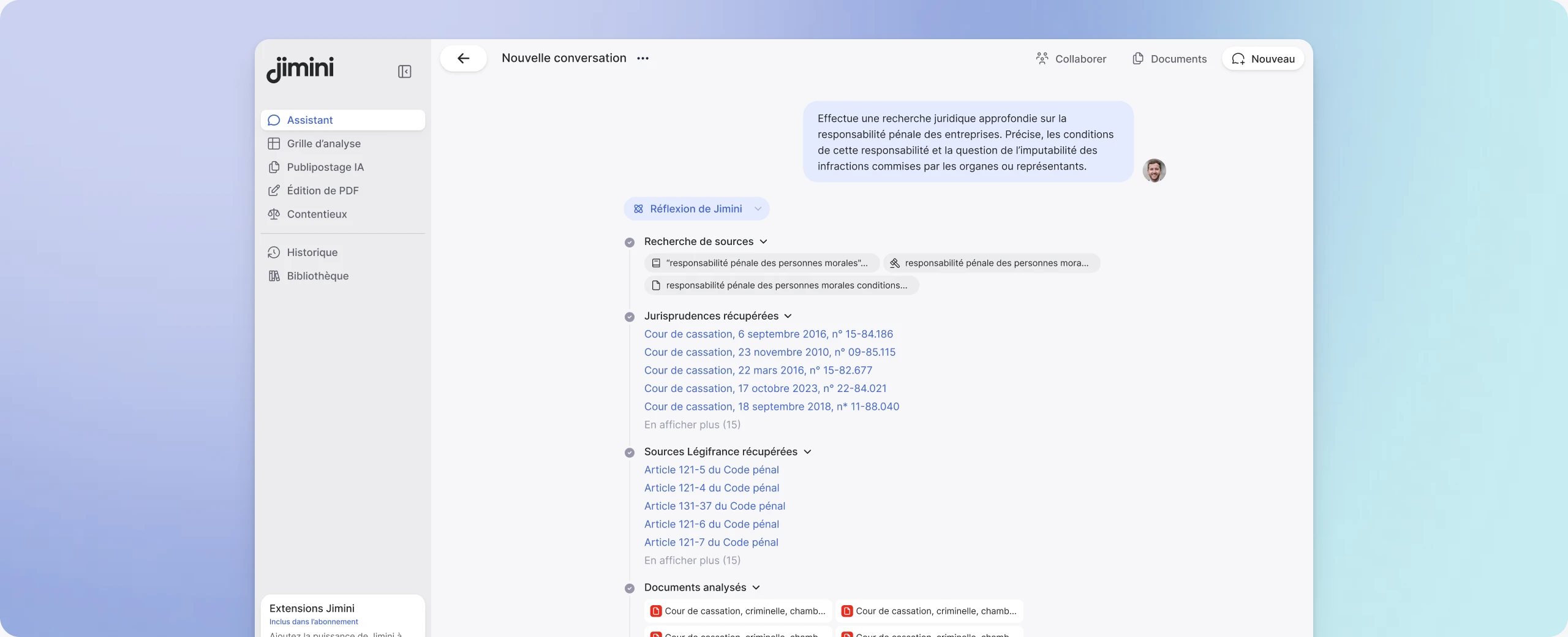 Interface Jimini pour une recherche juridique dans la spécialité sélectionnée