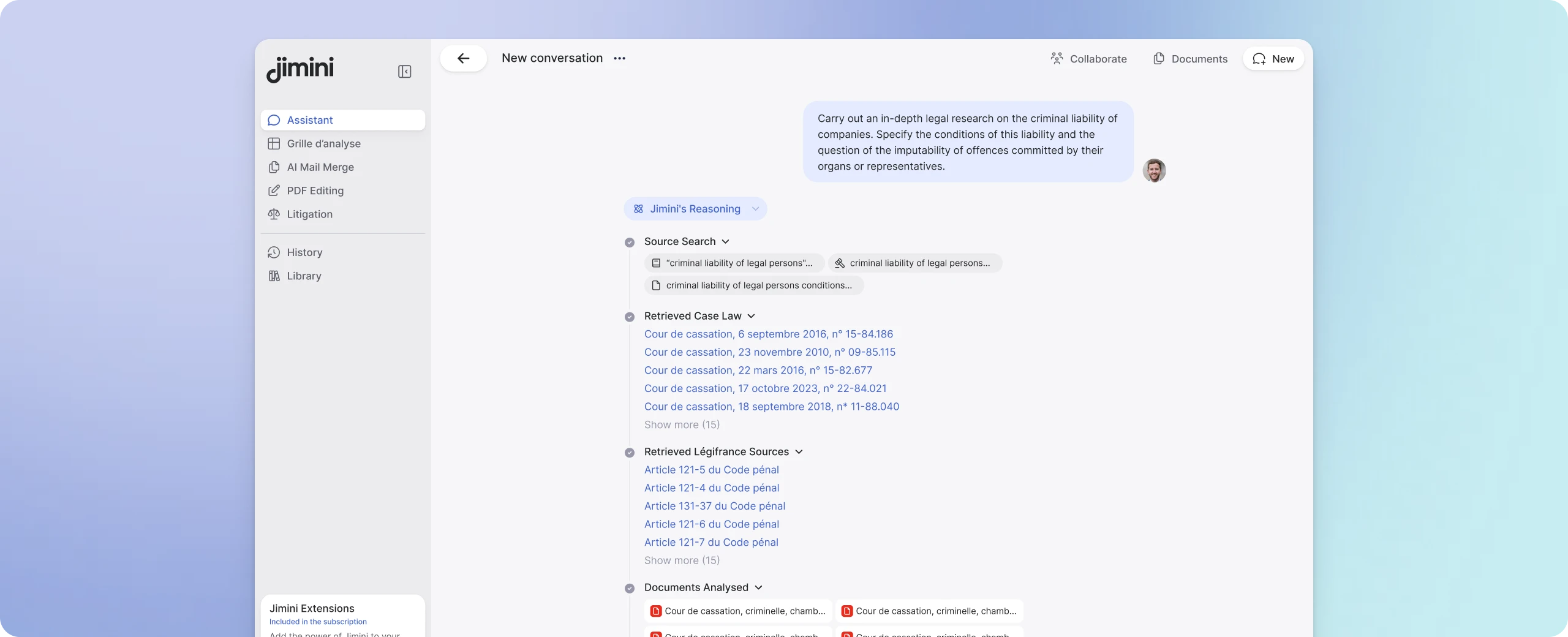 Jimini interface running legal research in the selected practice area